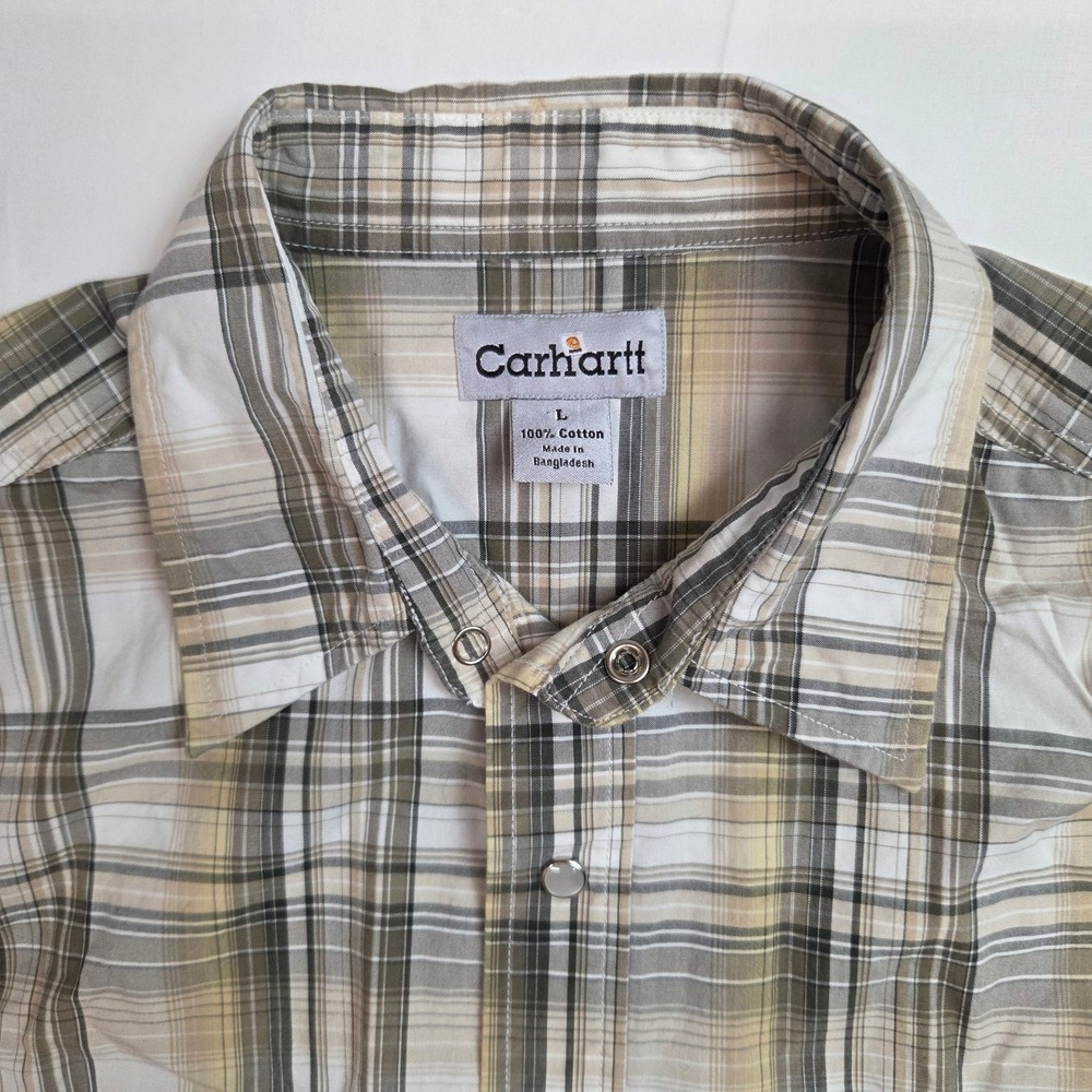 Carhartt Pearl Snap Western Shirt S146LDN Mens L Tan Plaid - Picture 2 of 8